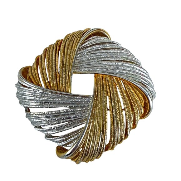 Vintage Gold Silver Swirl Brooch 2" Textured Ribbon Round Pin Costume Jewelry - Picture 4 of 6
